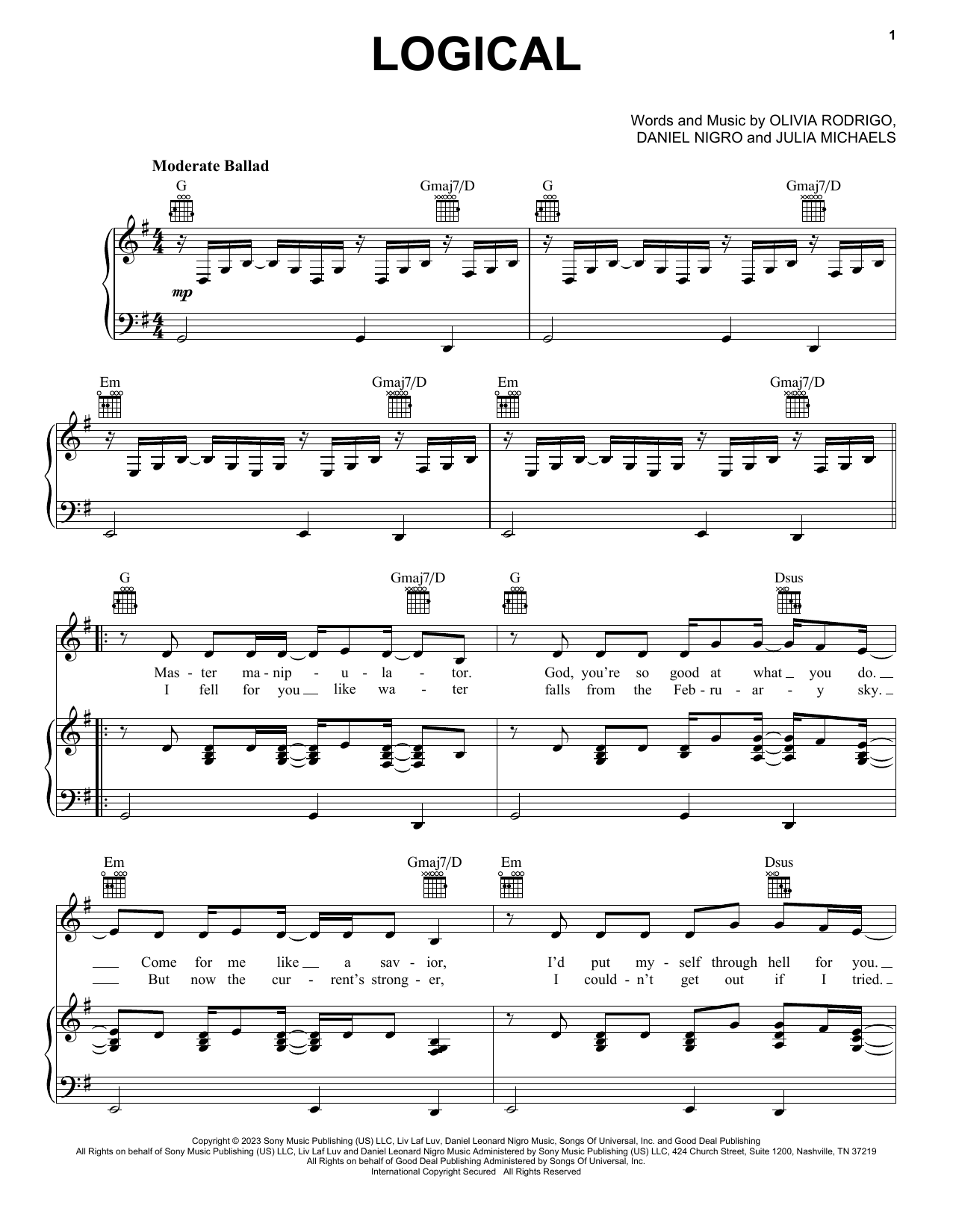 Download Olivia Rodrigo logical Sheet Music and learn how to play Piano, Vocal & Guitar Chords (Right-Hand Melody) PDF digital score in minutes