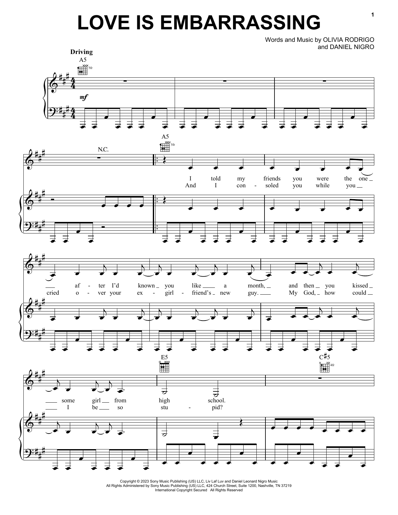 Download Olivia Rodrigo love is embarrassing Sheet Music and learn how to play Piano, Vocal & Guitar Chords (Right-Hand Melody) PDF digital score in minutes