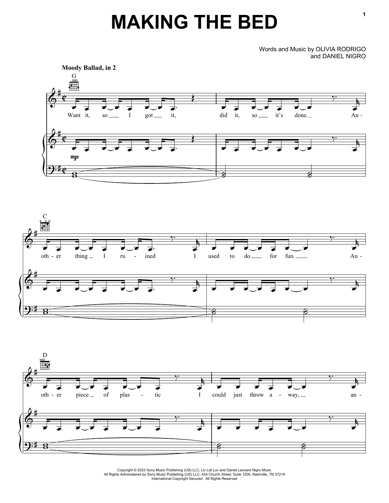 Download Olivia Rodrigo making the bed Sheet Music and learn how to play Piano, Vocal & Guitar Chords (Right-Hand Melody) PDF digital score in minutes