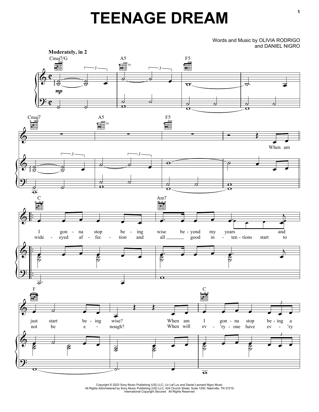 Download Olivia Rodrigo teenage dream Sheet Music and learn how to play Piano, Vocal & Guitar Chords (Right-Hand Melody) PDF digital score in minutes