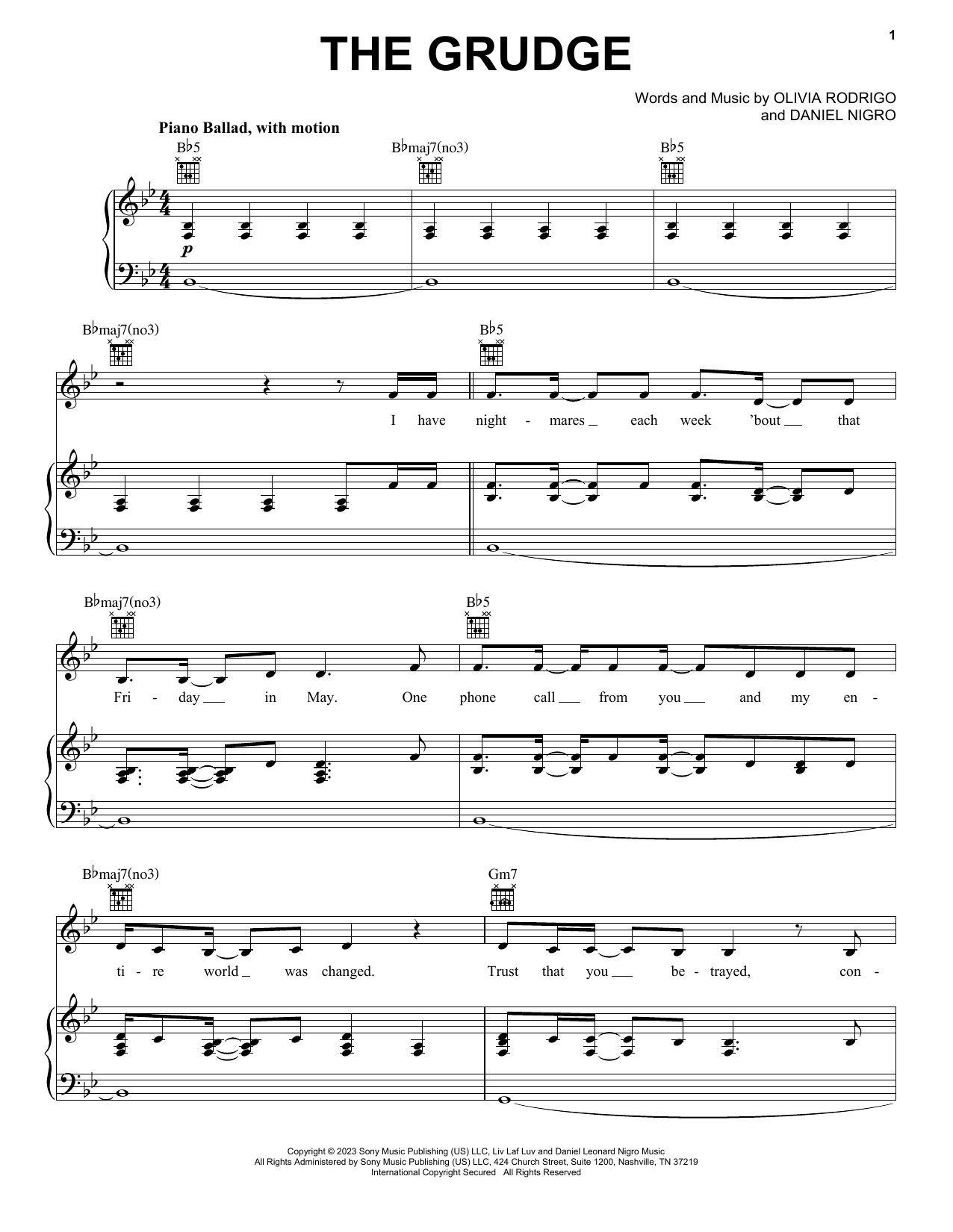 Download Olivia Rodrigo the grudge Sheet Music and learn how to play Piano, Vocal & Guitar Chords (Right-Hand Melody) PDF digital score in minutes