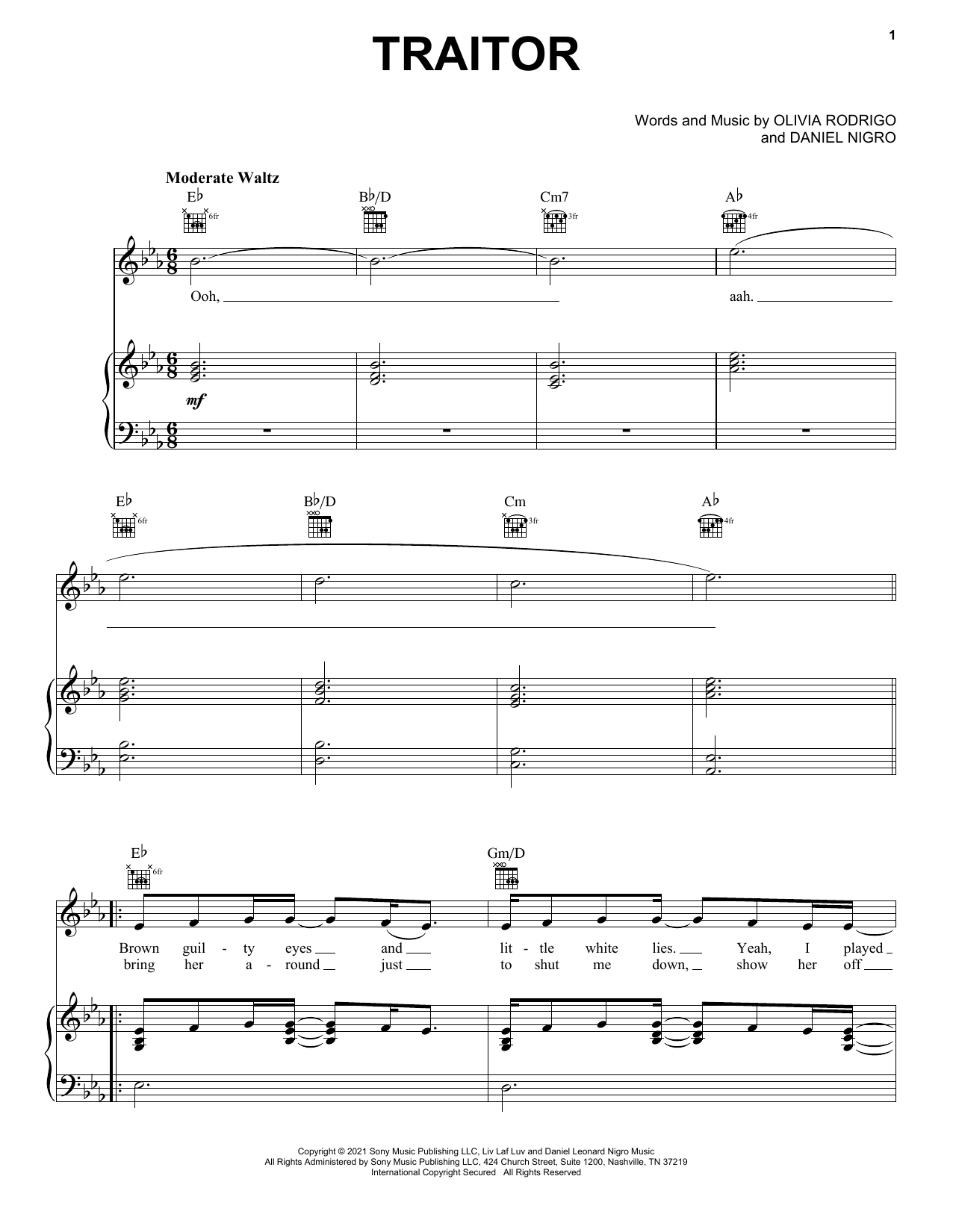 Download Olivia Rodrigo traitor Sheet Music and learn how to play Piano, Vocal & Guitar Chords (Right-Hand Melody) PDF digital score in minutes