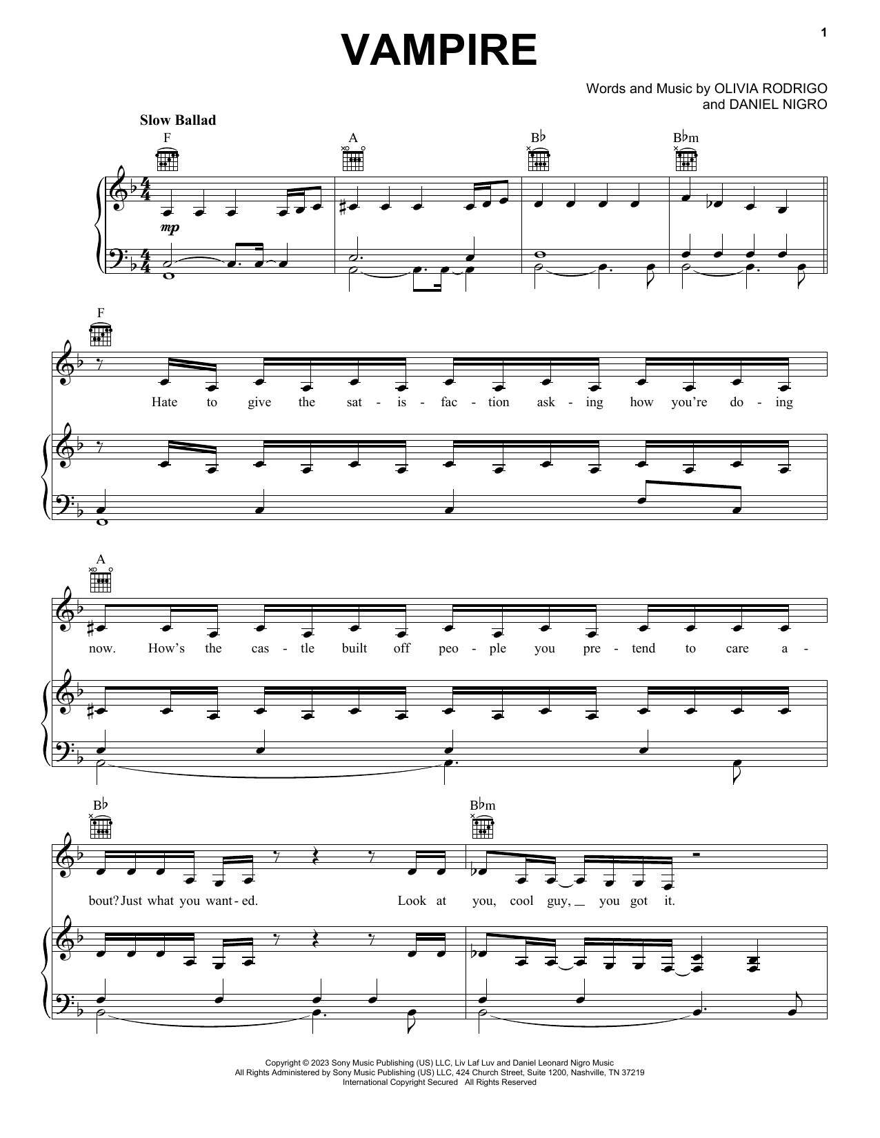 Download Olivia Rodrigo vampire Sheet Music and learn how to play Super Easy Piano PDF digital score in minutes