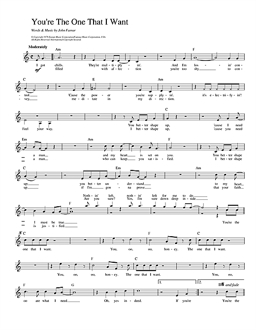 Download Olivia Newton-John and John Travolta You're The One That I Want (from Grease) Sheet Music and learn how to play Beginner Piano PDF digital score in minutes
