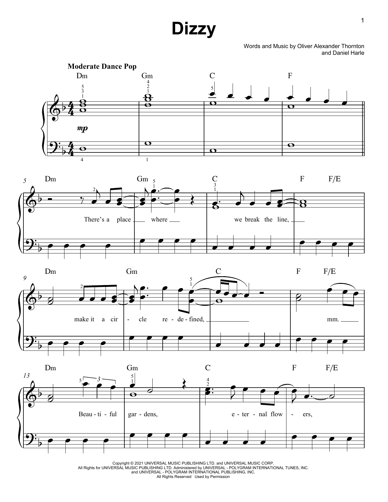 Download Olly Alexander (Years & Years) Dizzy Sheet Music and learn how to play Easy Piano PDF digital score in minutes