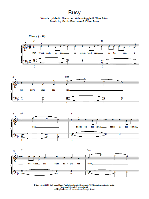 Download Olly Murs Busy Sheet Music and learn how to play Beginner Piano PDF digital score in minutes