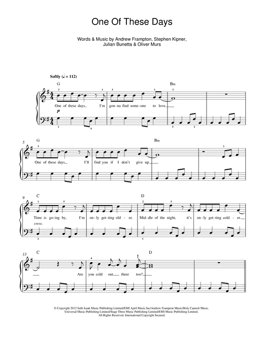 Download Olly Murs One Of These Days Sheet Music and learn how to play Beginner Piano PDF digital score in minutes