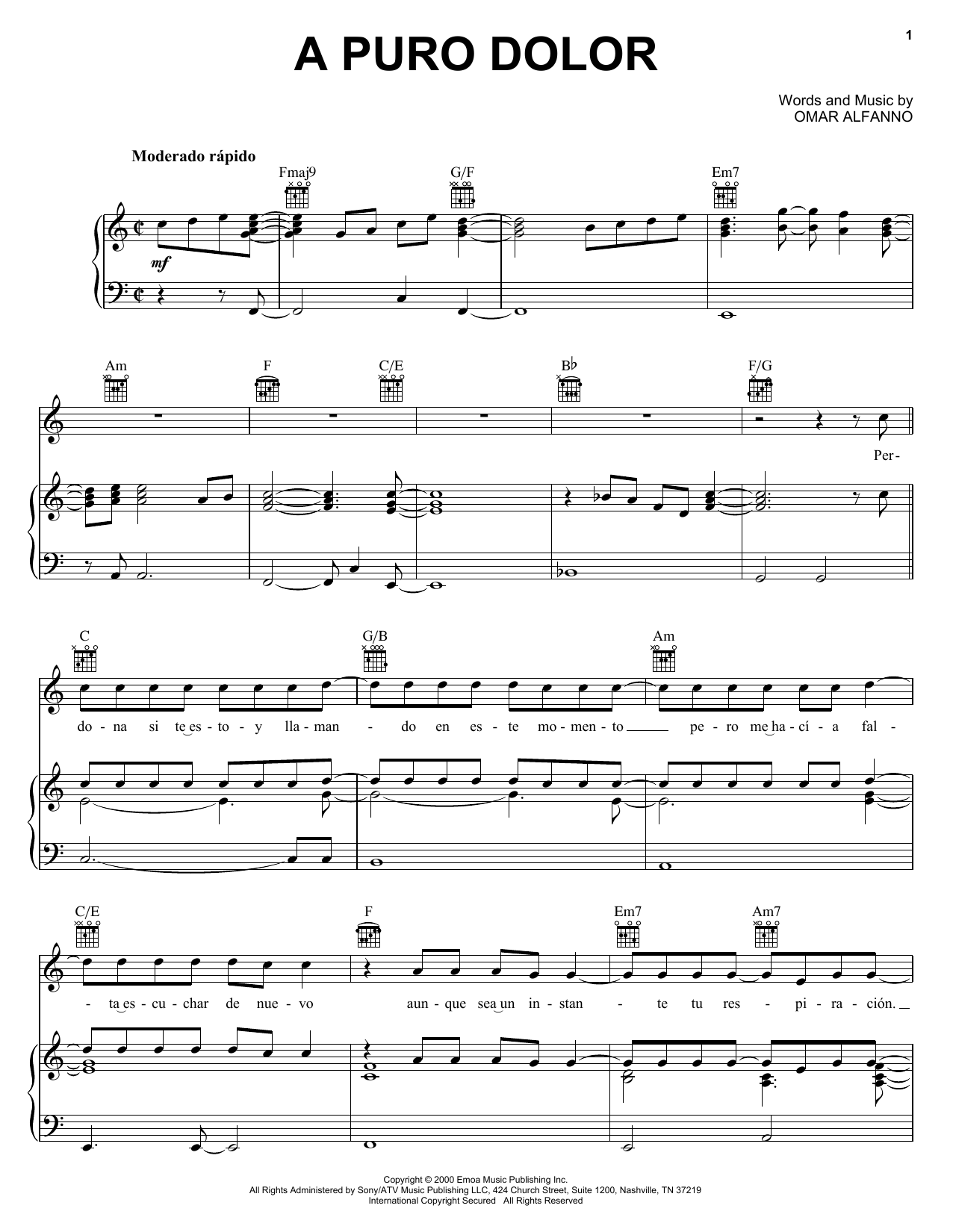 Download Omar Alfanno A Puro Dolor Sheet Music and learn how to play Piano, Vocal & Guitar (Right-Hand Melody) PDF digital score in minutes