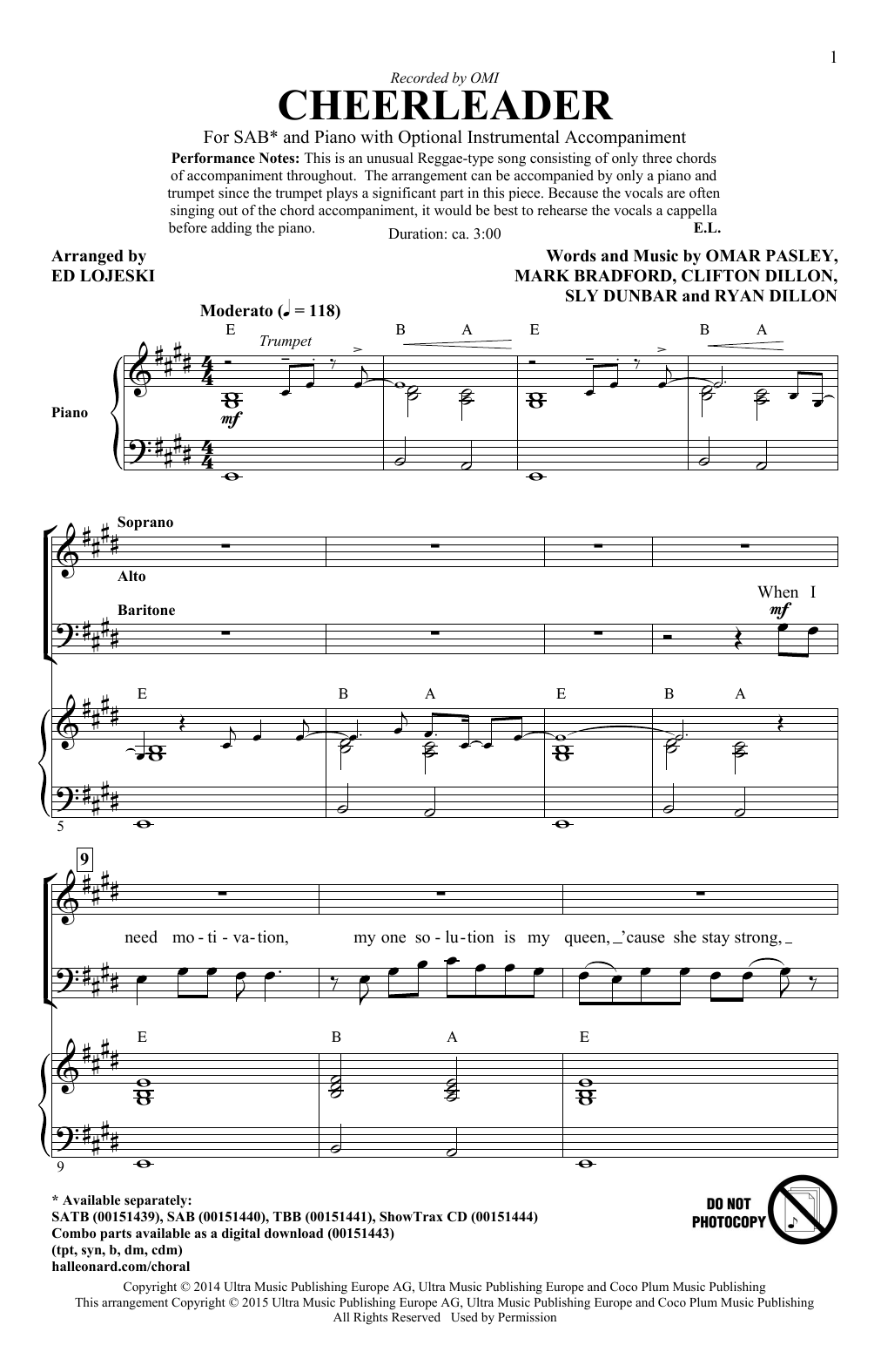 Download OMI Cheerleader (arr. Ed Lojeski) Sheet Music and learn how to play SAB PDF digital score in minutes