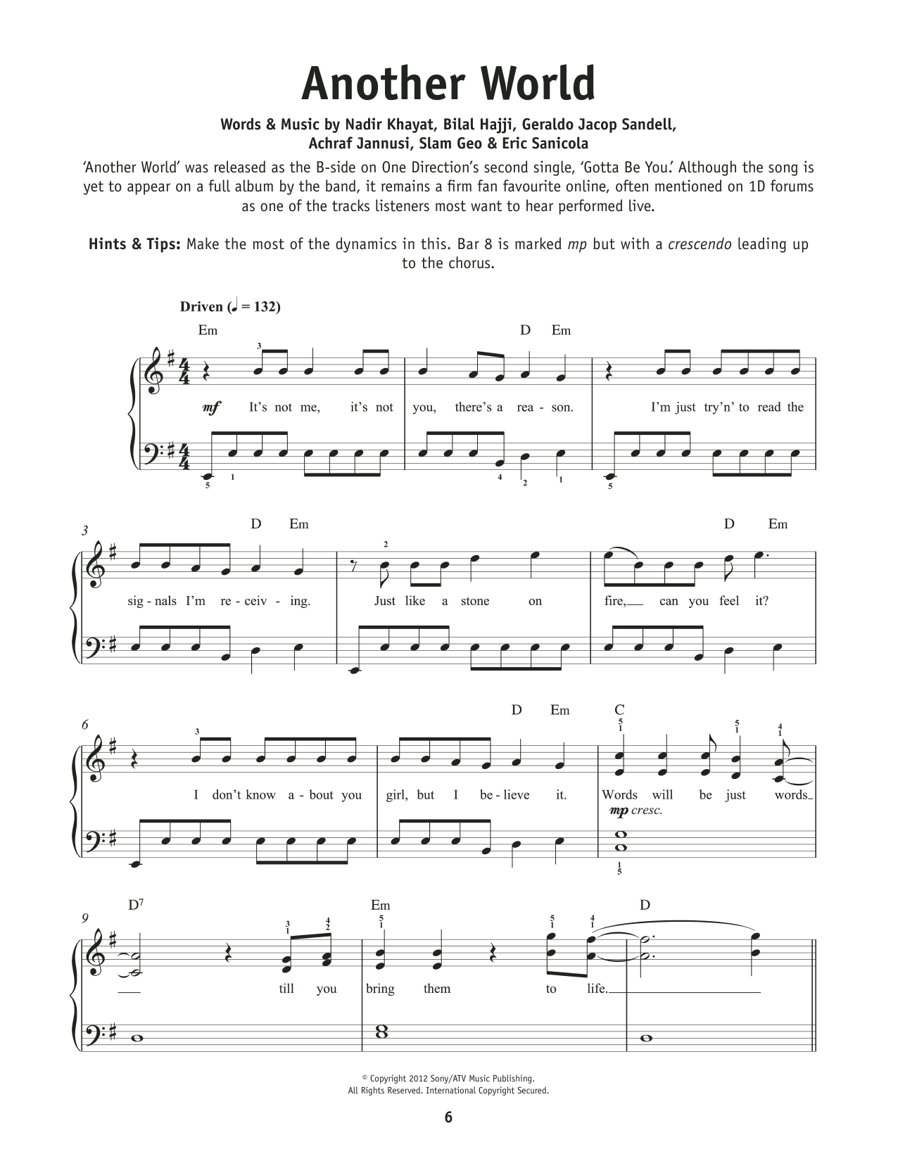 Download One Direction Another World Sheet Music and learn how to play Beginner Piano PDF digital score in minutes