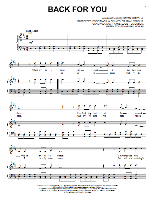 Download One Direction Back For You Sheet Music and learn how to play Piano, Vocal & Guitar (Right-Hand Melody) PDF digital score in minutes