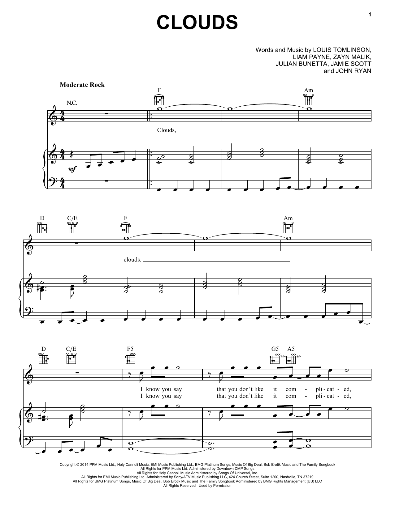Download One Direction Clouds Sheet Music and learn how to play Piano, Vocal & Guitar (Right-Hand Melody) PDF digital score in minutes
