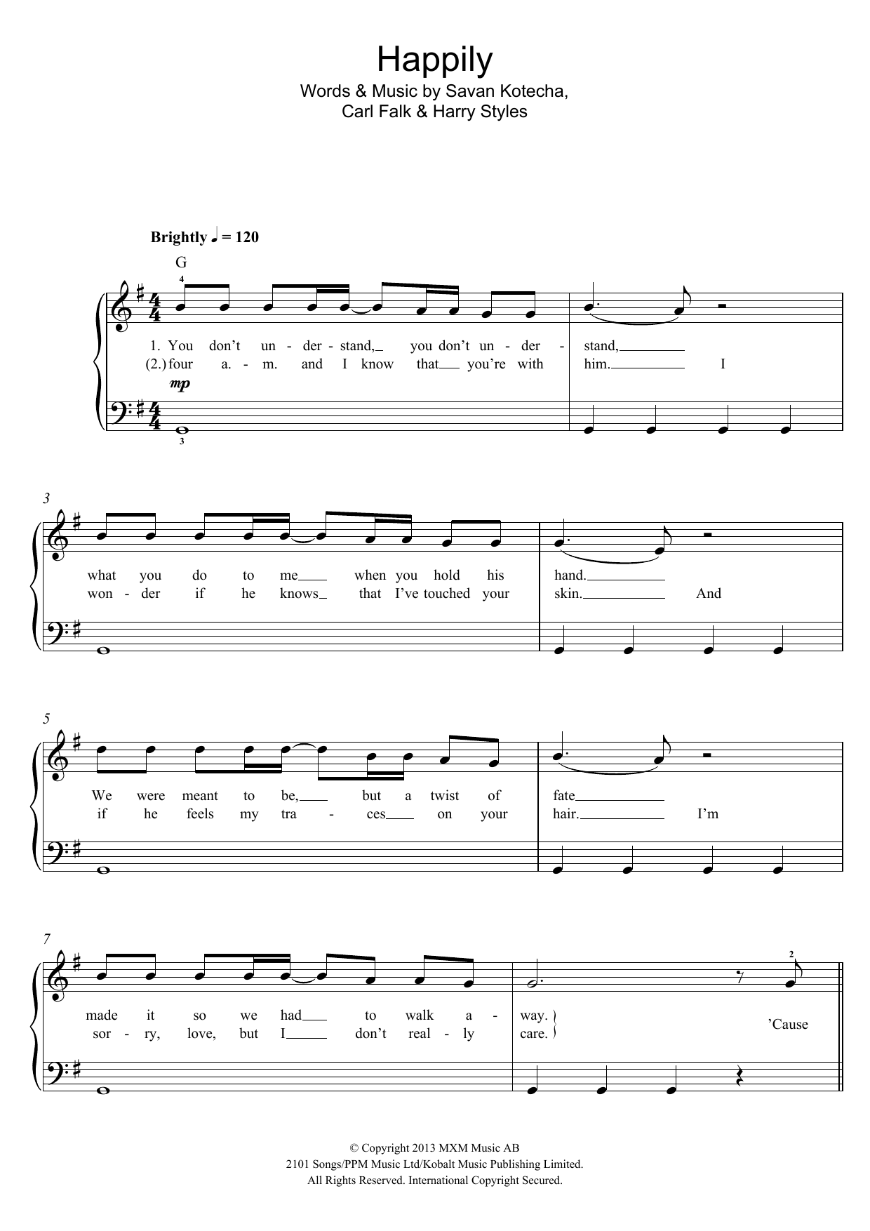 Download One Direction Happily Sheet Music and learn how to play Beginner Piano PDF digital score in minutes