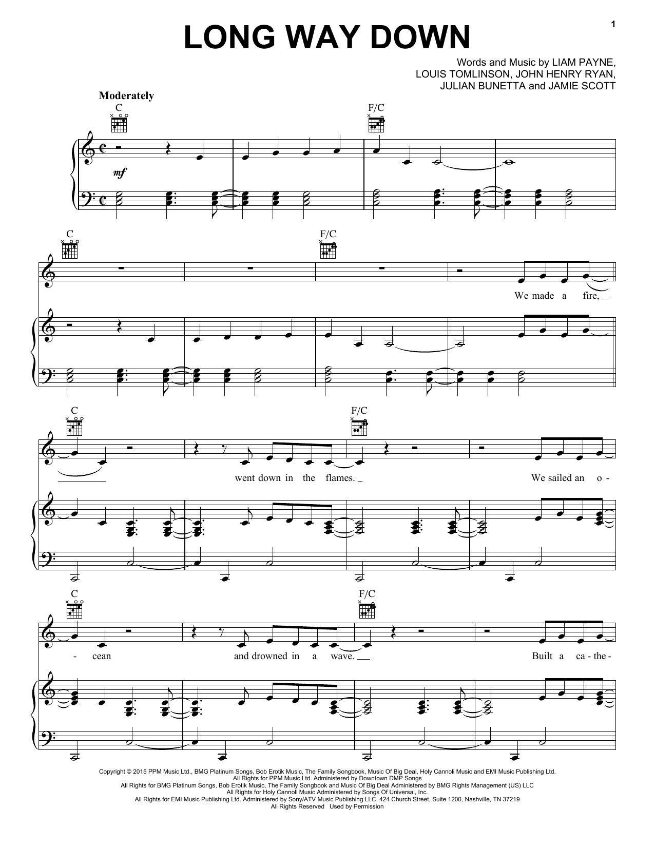 Download One Direction Long Way Down Sheet Music and learn how to play Piano, Vocal & Guitar (Right-Hand Melody) PDF digital score in minutes