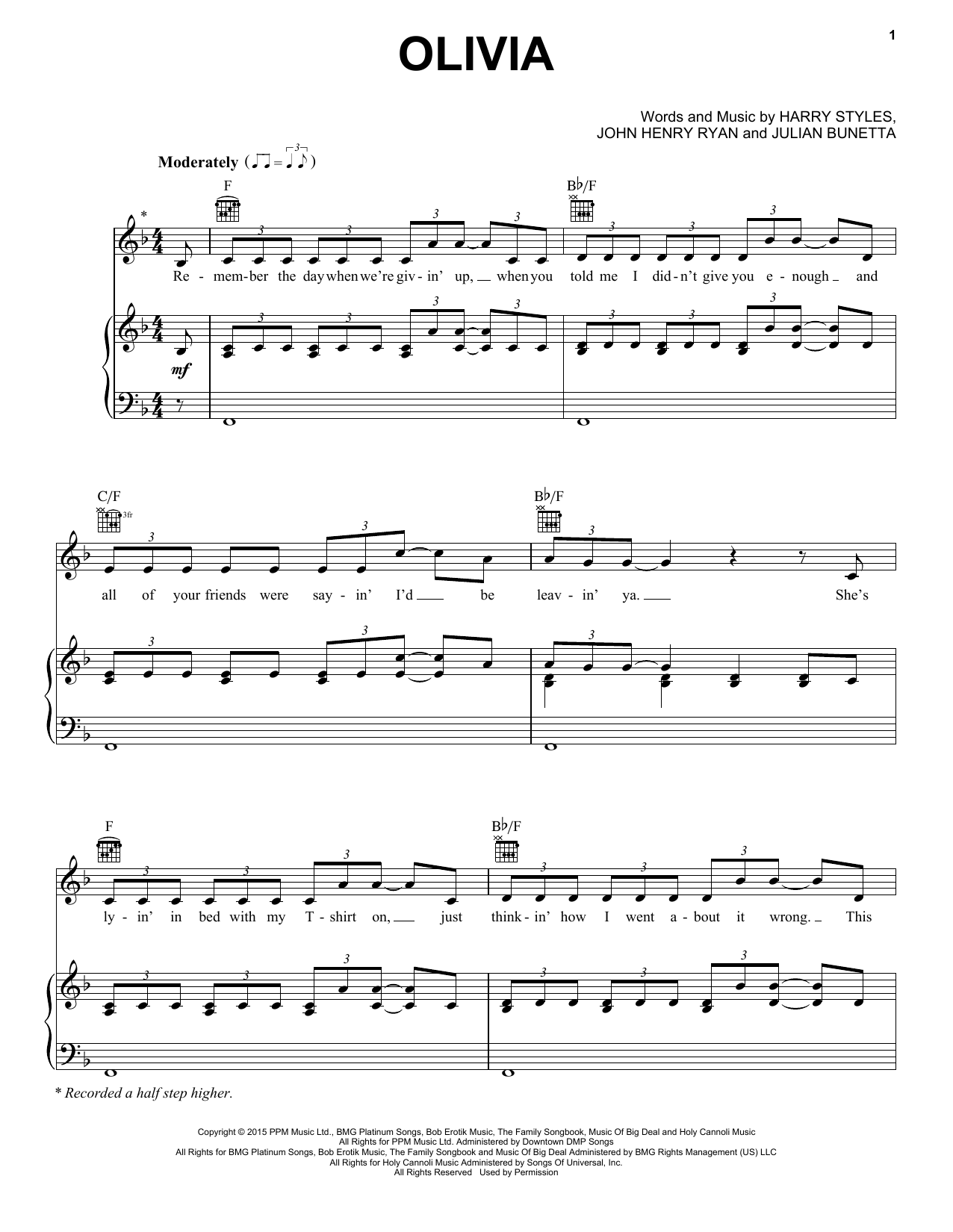 Download One Direction Olivia Sheet Music and learn how to play Piano, Vocal & Guitar (Right-Hand Melody) PDF digital score in minutes