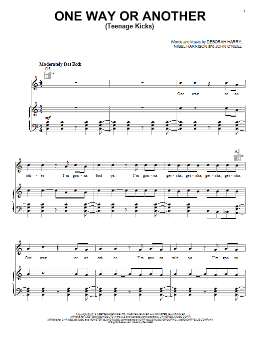 Download One Direction One Way Or Another (Teenage Kicks) Sheet Music and learn how to play Beginner Piano PDF digital score in minutes