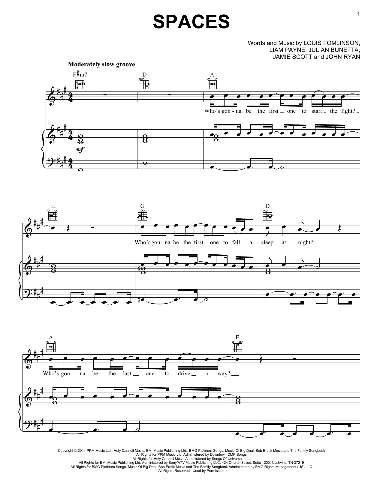 Download One Direction Spaces Sheet Music and learn how to play Piano, Vocal & Guitar (Right-Hand Melody) PDF digital score in minutes