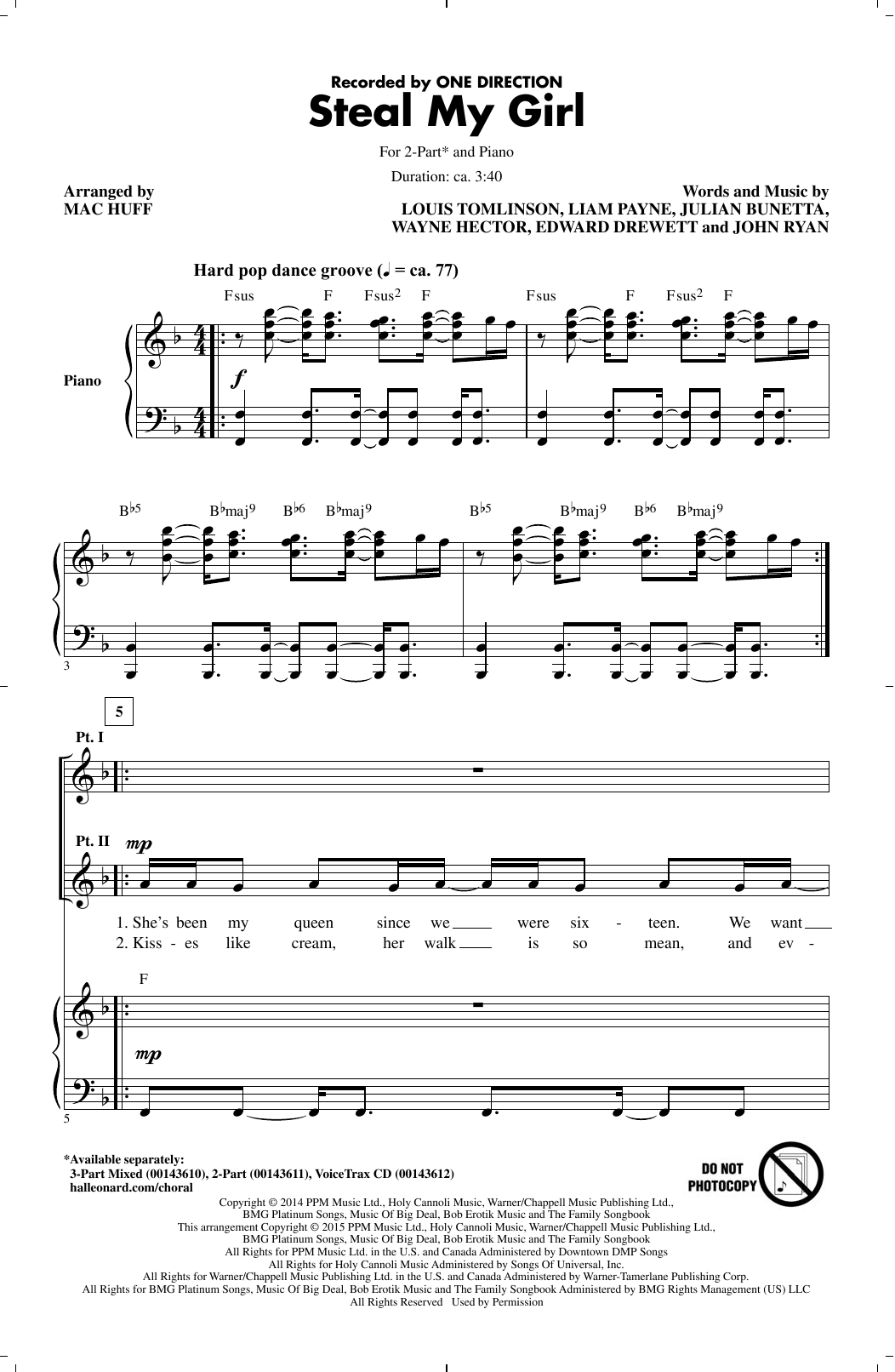 Download One Direction Steal My Girl (arr. Mac Huff) Sheet Music and learn how to play 2-Part Choir PDF digital score in minutes