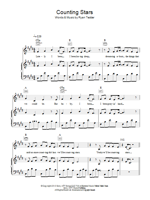Download OneRepublic Counting Stars Sheet Music and learn how to play Piano, Vocal & Guitar (Right-Hand Melody) PDF digital score in minutes