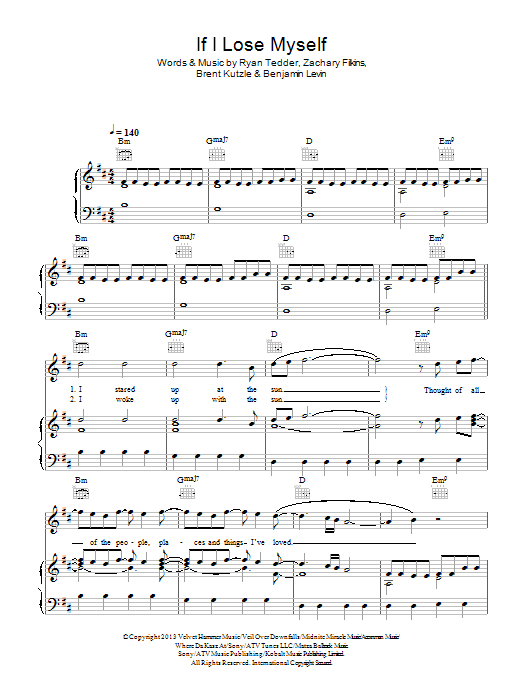 Download OneRepublic If I Lose Myself Sheet Music and learn how to play Piano, Vocal & Guitar PDF digital score in minutes