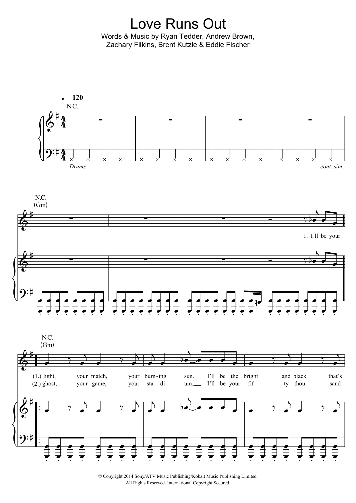 Download OneRepublic Love Runs Out Sheet Music and learn how to play Piano, Vocal & Guitar (Right-Hand Melody) PDF digital score in minutes