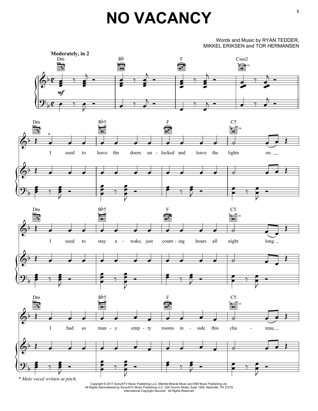 Download One Republic No Vacancy Sheet Music and learn how to play Piano, Vocal & Guitar (Right-Hand Melody) PDF digital score in minutes