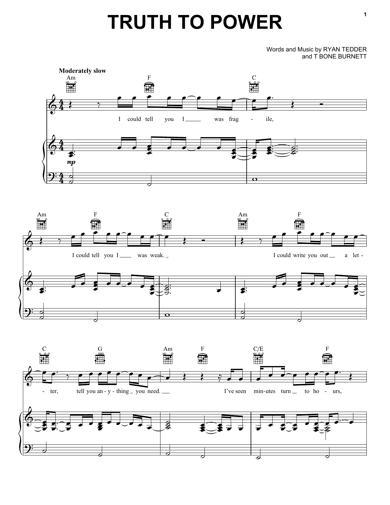 Download One Republic Truth To Power Sheet Music and learn how to play Piano, Vocal & Guitar (Right-Hand Melody) PDF digital score in minutes