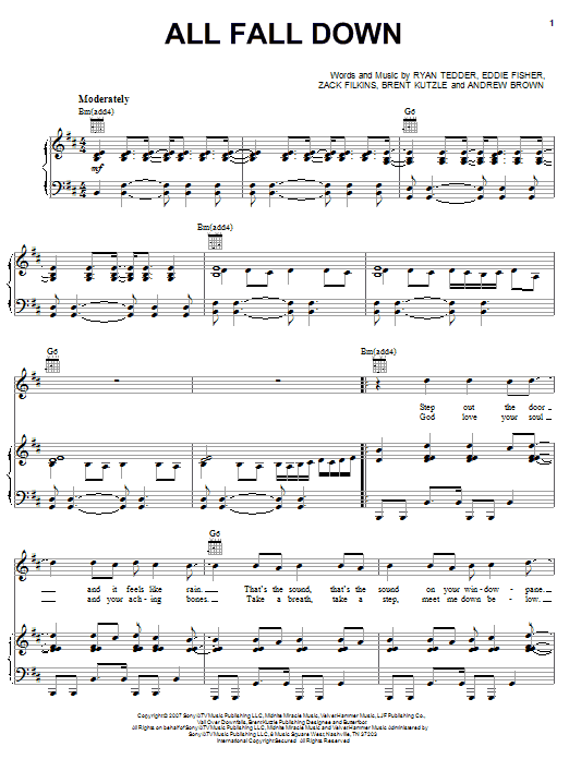 Download OneRepublic All Fall Down Sheet Music and learn how to play Piano, Vocal & Guitar (Right-Hand Melody) PDF digital score in minutes