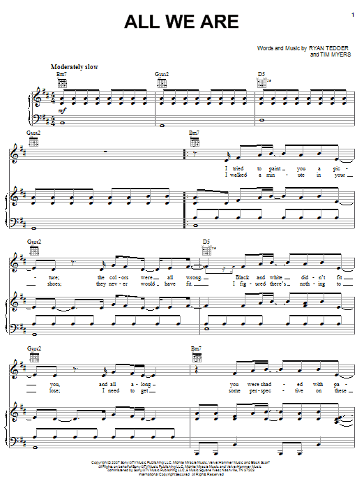 Download OneRepublic All We Are Sheet Music and learn how to play Piano, Vocal & Guitar (Right-Hand Melody) PDF digital score in minutes