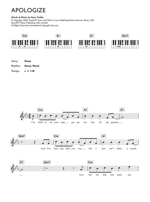 Download Timbaland featuring OneRepublic Apologize Sheet Music and learn how to play Melody Line, Lyrics & Chords PDF digital score in minutes