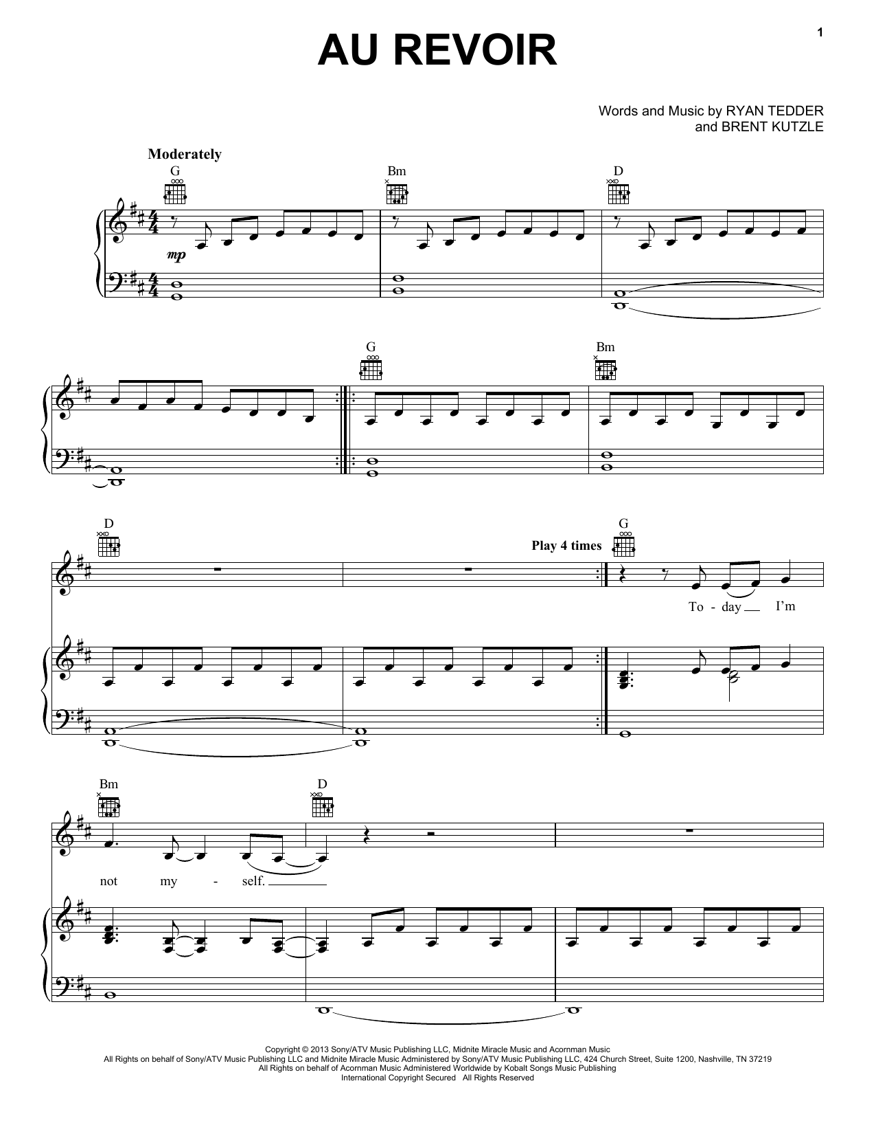 Download OneRepublic Au Revoir Sheet Music and learn how to play Piano, Vocal & Guitar (Right-Hand Melody) PDF digital score in minutes