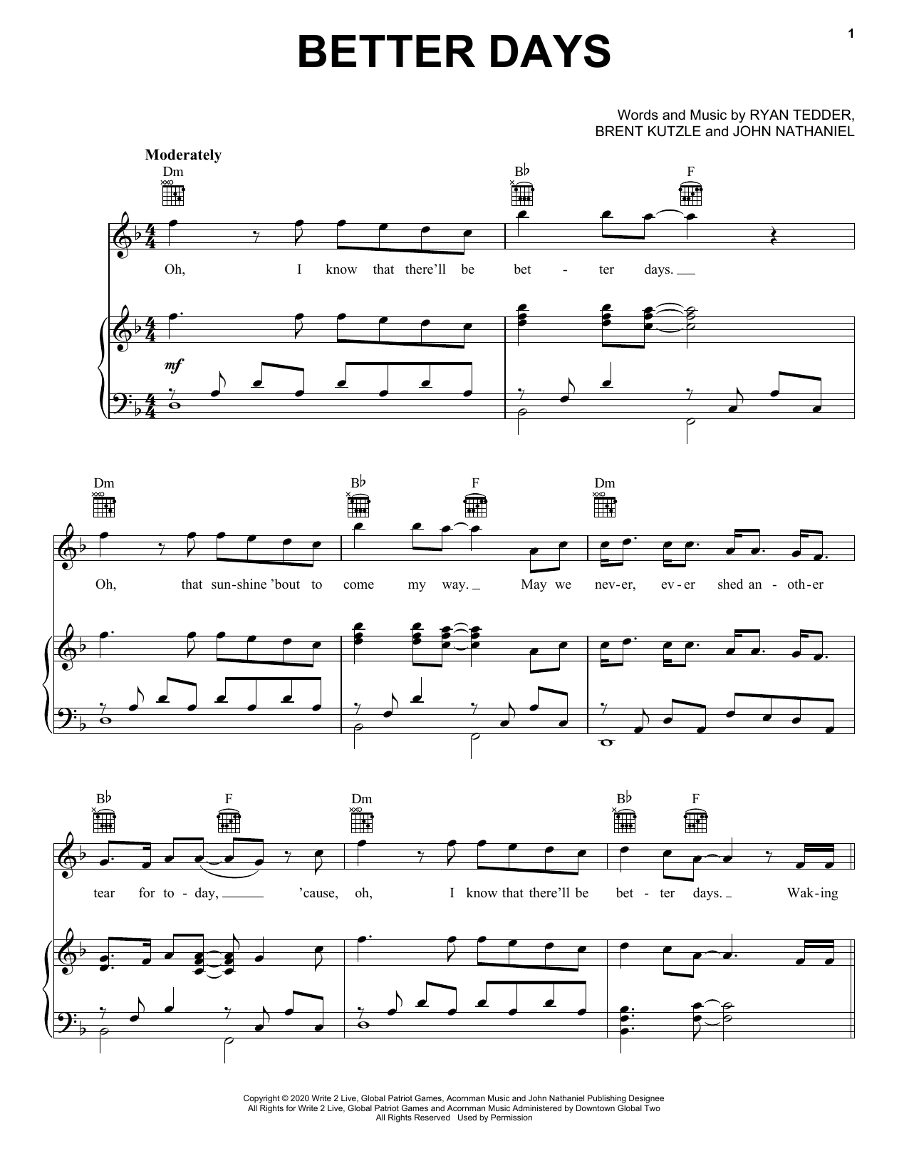 Download OneRepublic Better Days Sheet Music and learn how to play Piano, Vocal & Guitar Chords (Right-Hand Melody) PDF digital score in minutes