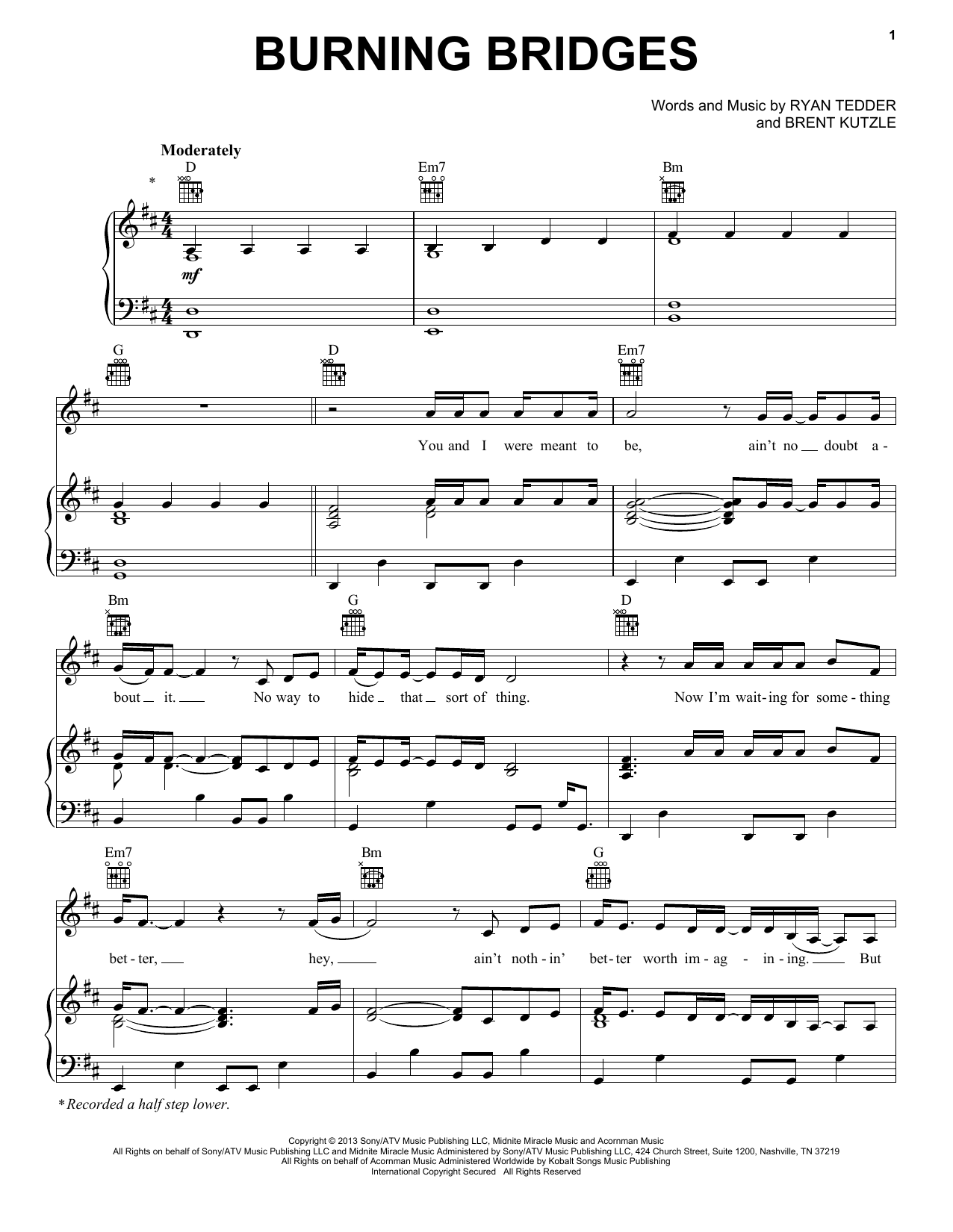 Download OneRepublic Burning Bridges Sheet Music and learn how to play Piano, Vocal & Guitar (Right-Hand Melody) PDF digital score in minutes