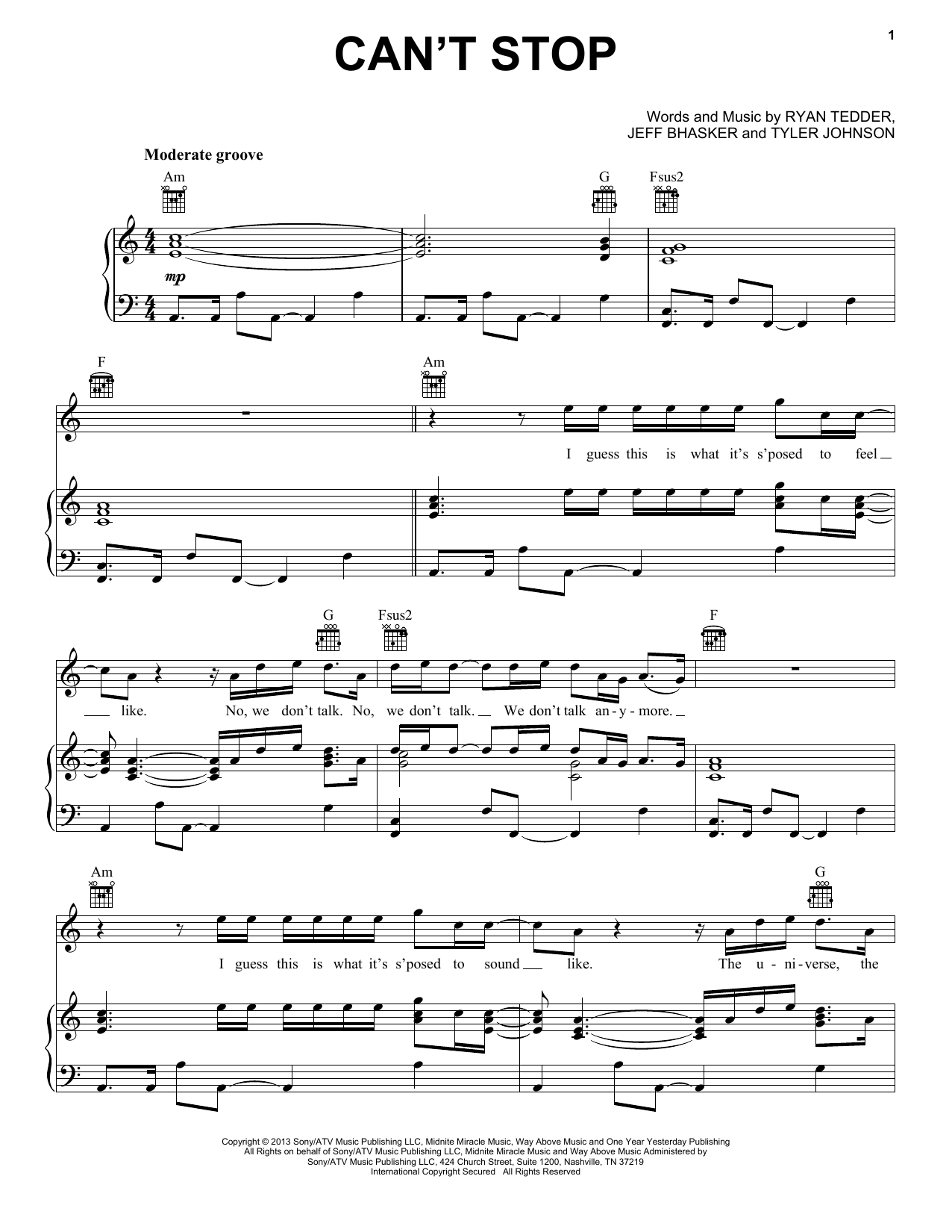 Download OneRepublic Can't Stop Sheet Music and learn how to play Piano, Vocal & Guitar (Right-Hand Melody) PDF digital score in minutes