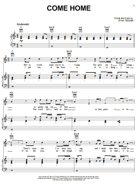 Download OneRepublic Come Home Sheet Music and learn how to play Piano, Vocal & Guitar (Right-Hand Melody) PDF digital score in minutes