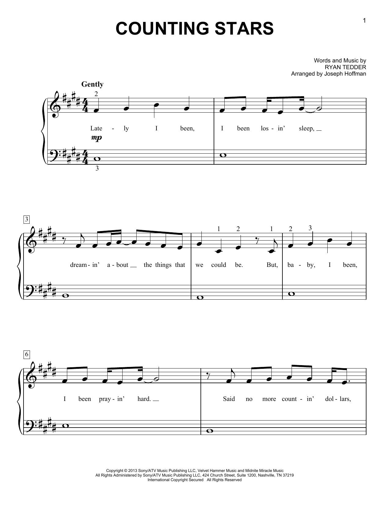 Download OneRepublic Counting Stars (arr. Joseph Hoffman) Sheet Music and learn how to play Easy Piano PDF digital score in minutes