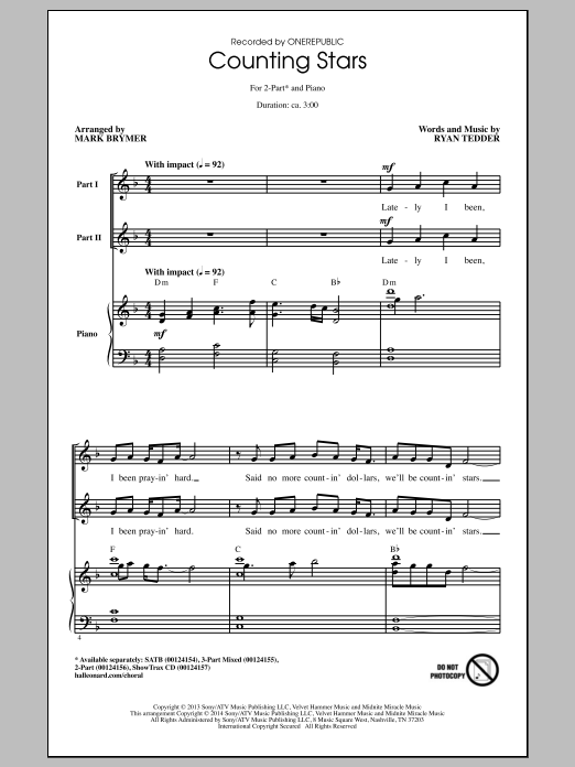 Download OneRepublic Counting Stars (arr. Mark Brymer) Sheet Music and learn how to play 3-Part Mixed PDF digital score in minutes