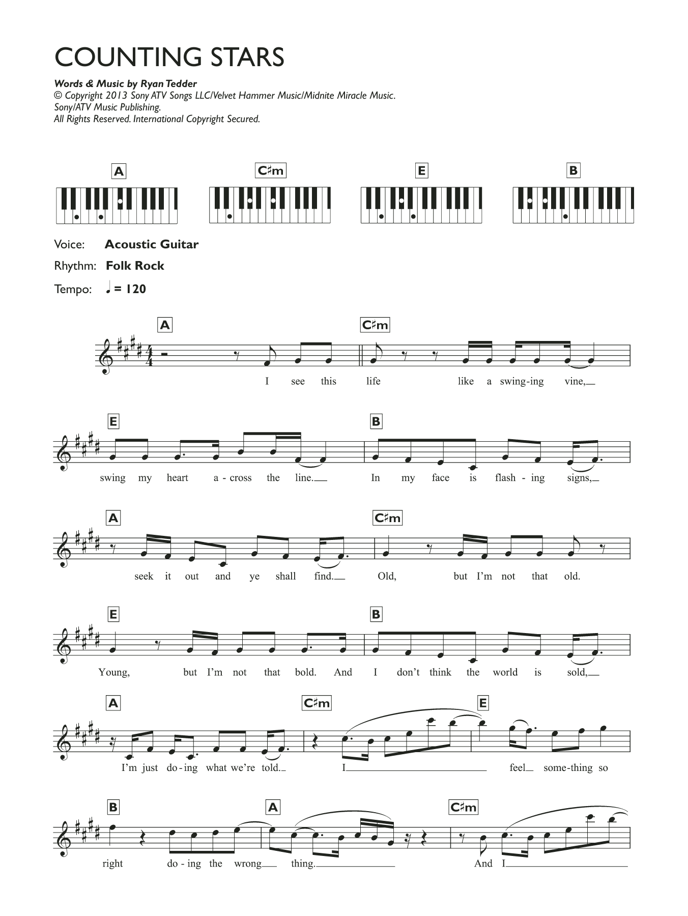 Download OneRepublic Counting Stars Sheet Music and learn how to play Easy Piano PDF digital score in minutes