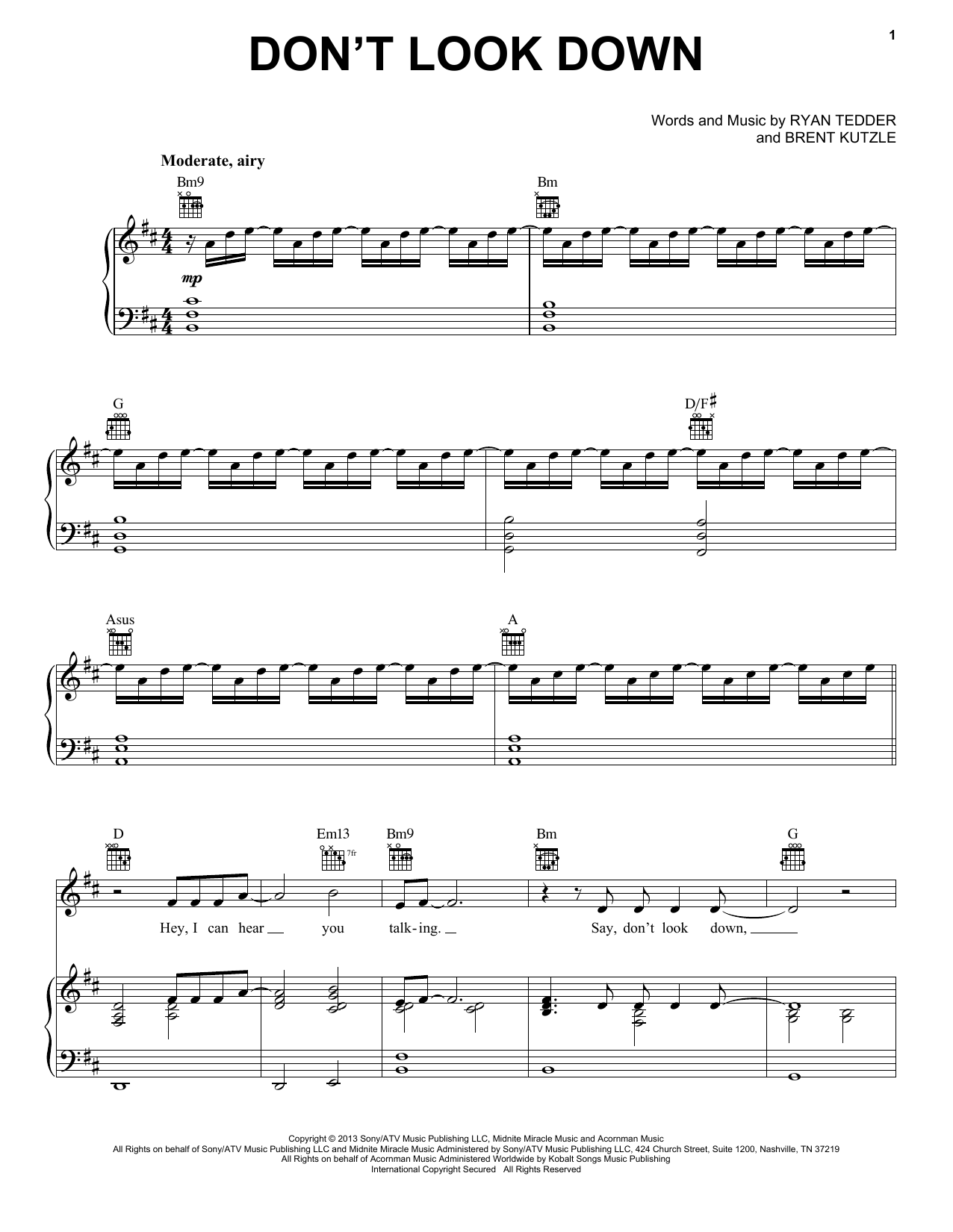 Download OneRepublic Don't Look Down Sheet Music and learn how to play Piano, Vocal & Guitar (Right-Hand Melody) PDF digital score in minutes