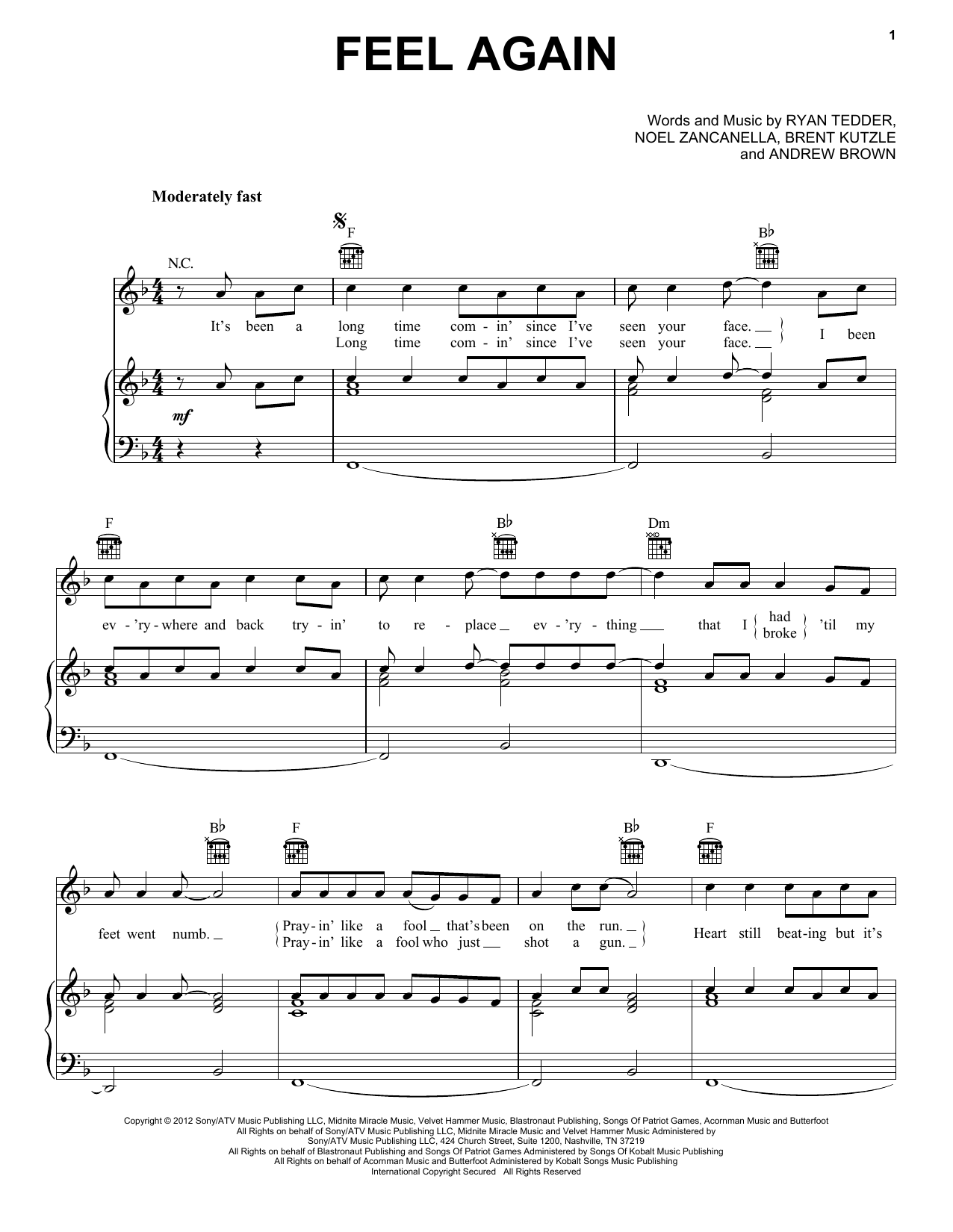 Download OneRepublic Feel Again Sheet Music and learn how to play Piano, Vocal & Guitar (Right-Hand Melody) PDF digital score in minutes