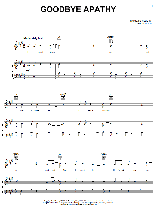 Download OneRepublic Goodbye Apathy Sheet Music and learn how to play Piano, Vocal & Guitar (Right-Hand Melody) PDF digital score in minutes