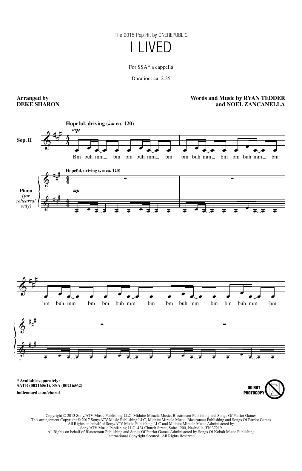 Download Deke Sharon I Lived Sheet Music and learn how to play SSA PDF digital score in minutes