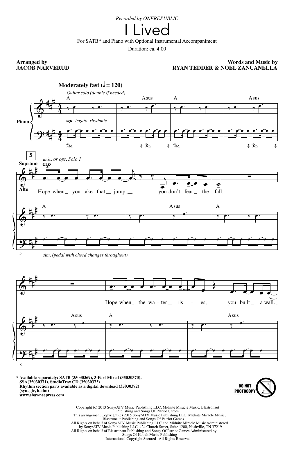 Download OneRepublic I Lived (arr. Jacob Narverud) Sheet Music and learn how to play SATB PDF digital score in minutes
