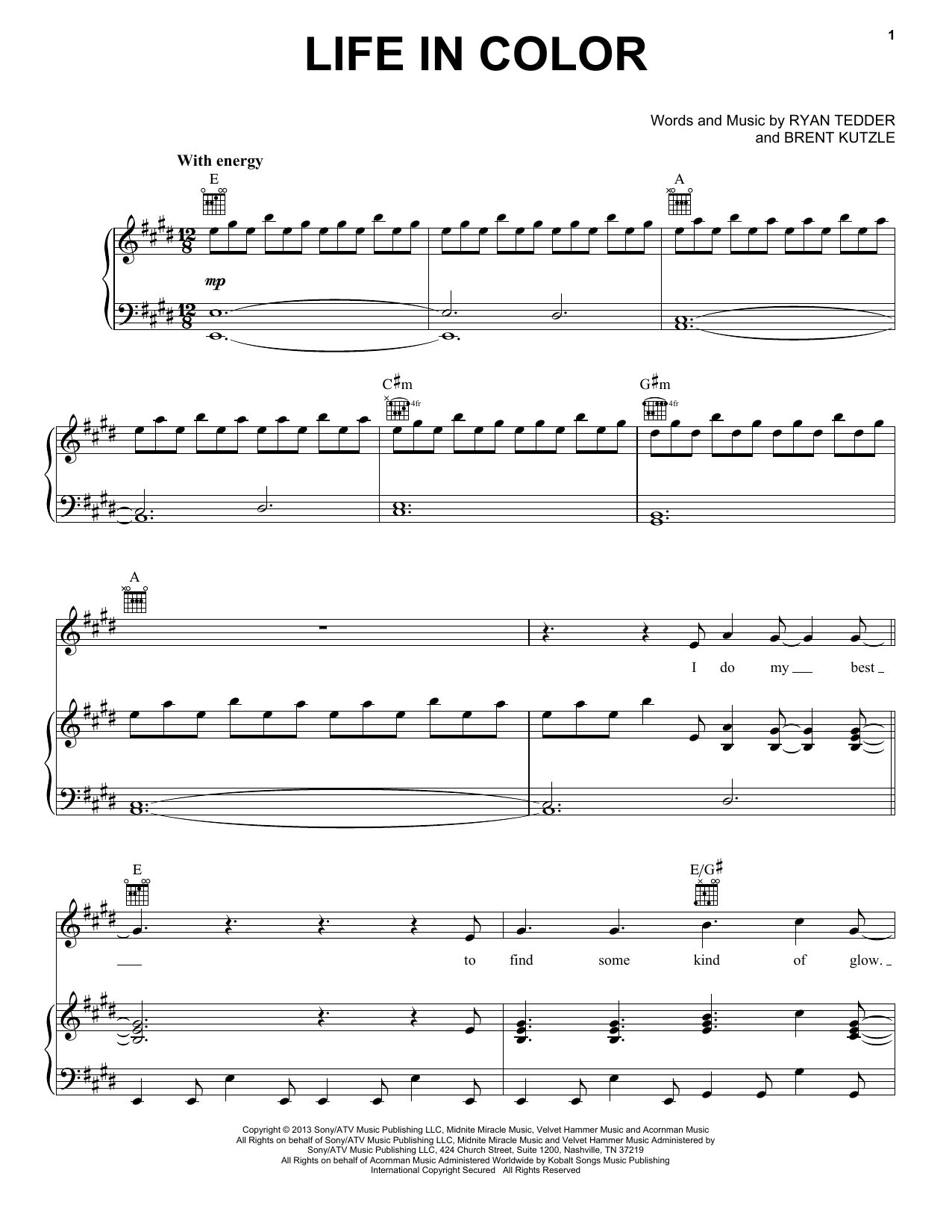 Download OneRepublic Life In Color Sheet Music and learn how to play Piano, Vocal & Guitar (Right-Hand Melody) PDF digital score in minutes
