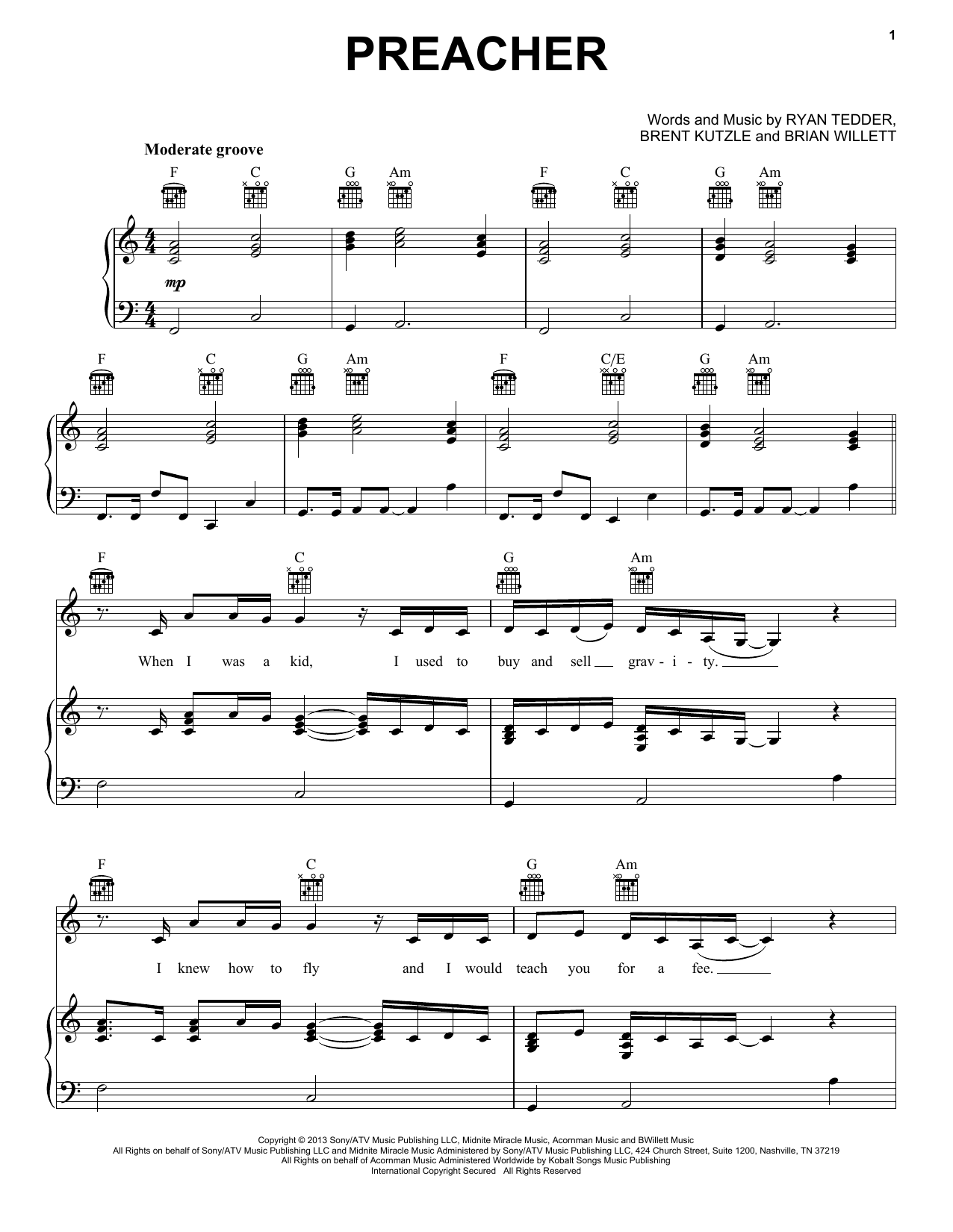 Download OneRepublic Preacher Sheet Music and learn how to play Piano, Vocal & Guitar (Right-Hand Melody) PDF digital score in minutes