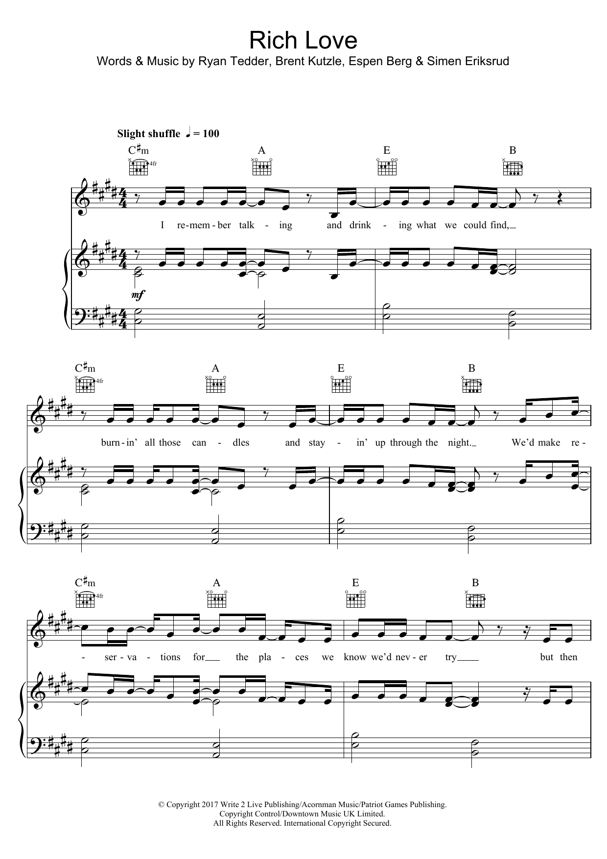 Download OneRepublic Rich Love (feat. Seeb) Sheet Music and learn how to play Piano, Vocal & Guitar (Right-Hand Melody) PDF digital score in minutes