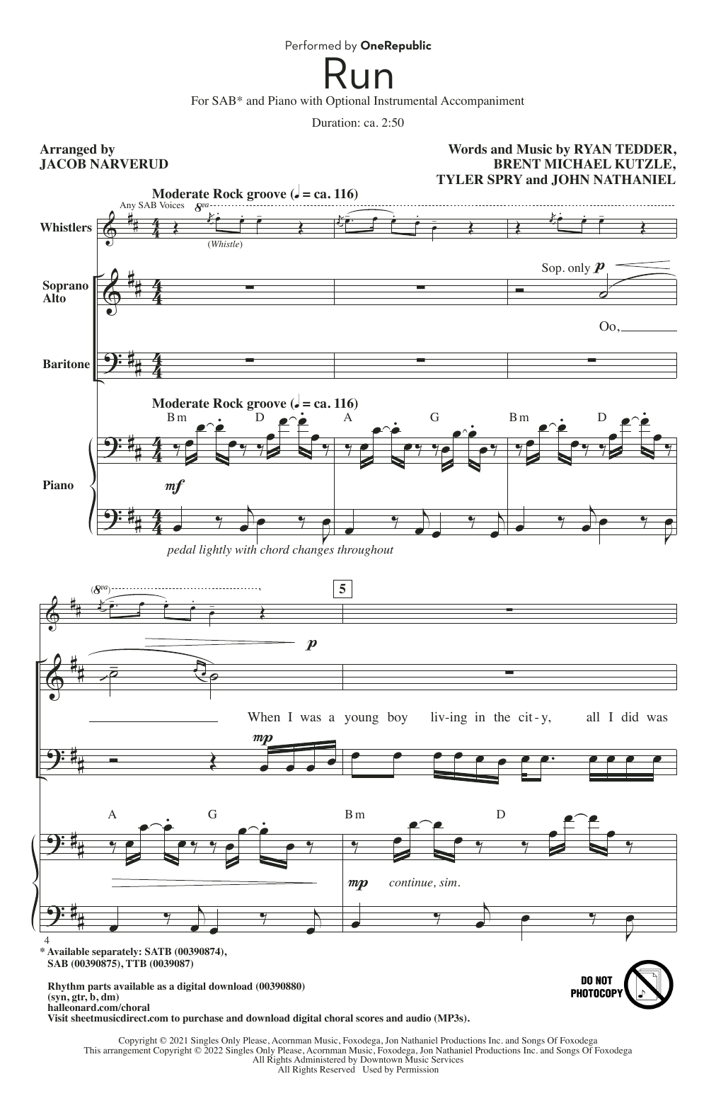 Download OneRepublic Run (arr. Jacob Narverud) Sheet Music and learn how to play TBB Choir PDF digital score in minutes