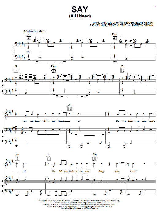 Download OneRepublic Say (All I Need) Sheet Music and learn how to play Piano, Vocal & Guitar (Right-Hand Melody) PDF digital score in minutes