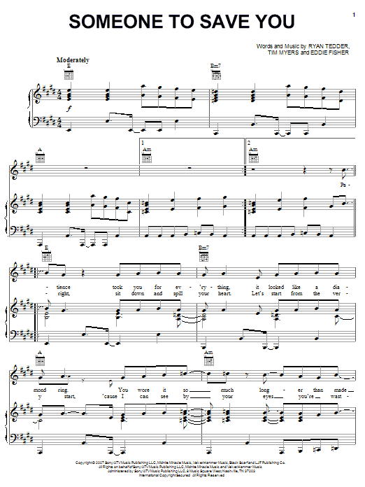 Download OneRepublic Someone To Save You Sheet Music and learn how to play Piano, Vocal & Guitar (Right-Hand Melody) PDF digital score in minutes