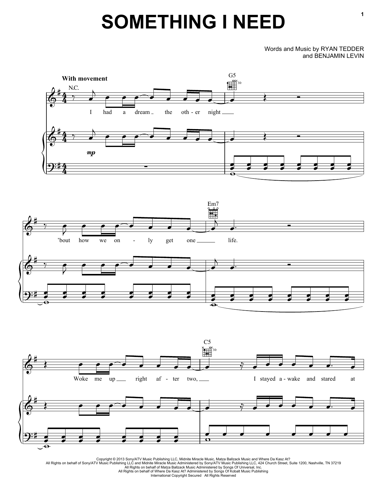 Download OneRepublic Something I Need Sheet Music and learn how to play Piano, Vocal & Guitar (Right-Hand Melody) PDF digital score in minutes